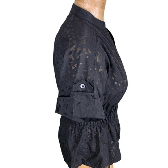 Attention Button Front Short Sleeve Cinch Waist Top Sz S/M Black Semi Sheer 333K - Picture 5 of 11